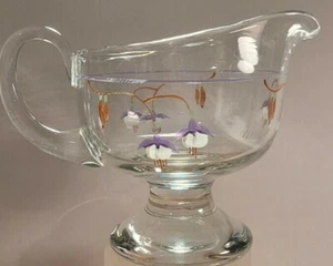 Vintage Gravy or Sauce Pitcher Hand Painted Fuchsia Flowers Flashed Glass 7.5'' - Picture 1 of 5