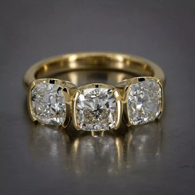 14k Yellow Gold Plated Cushion Lab Created Diamond Three-Stone Engagement Ring - Image 1 of 4