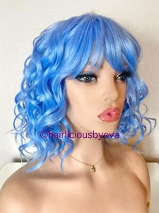 Blue Wig Short Curly With Bangs Heat Resistance Ok - Picture 1 of 4