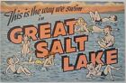 Vintage Great Salt Lake Utah Linen Postcard Unposted Swim Floating Comic