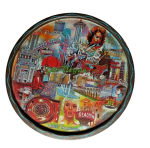 Vtg 11" Las Vegas Metal Tray – Iconic Casinos, Hotels, Showgirls, Souvenir Art - Picture 1 of 12