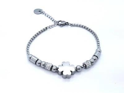 DONNA Acciaio Inox Bracciale con Perline Trifoglio Argento Zircone Cubico - Immagine 1 di 2