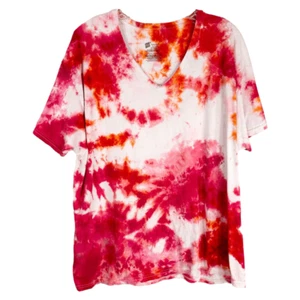 Hanes Size XL Top Something Bright Tie Dye Handmade Pink White Tee V Neck 203 - Picture 1 of 10