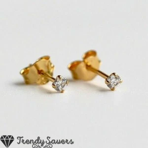 3MM 18ct Gold Plated 925 Sterling Silver Cubic Zirconia Tiny Small Stud Earrings - Picture 1 of 8