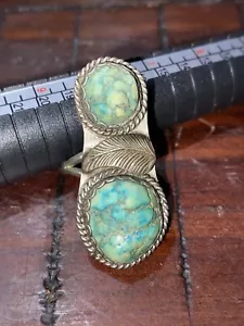 Vtg Sterling Silver Double Turquoise Gem Cab Native American Feather Ring Sz 4.5 - Picture 1 of 6