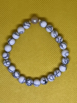 BRACELET 宝石 白色 TURQUOISE 8 毫米和珍珠 8 毫米吊袜带 8 英寸 适合手腕 7-8 全新 — 第 1/4 张图片