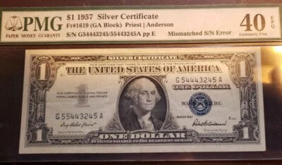 $1 ERROR NOTE -1957 Silver Certificate - MISMATCHED SERIAL NUMBER - PMG 40 EPQ - Image 1 of 4
