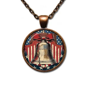 Vintage Liberty Bell Ring 4th of July - Handmade Round Glass Pendant Necklace - Picture 1 of 10