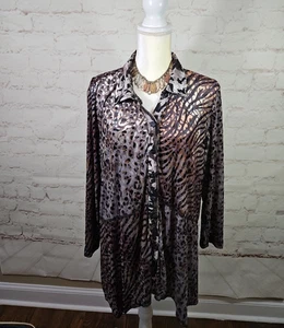 Ali Miles Button Front Tunic Top Women XL Velvet Burnout Animal Print Artsy Boho - Picture 1 of 15