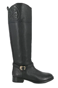 TORY BURCH Marlene Knee High Riding Boots •8.5• Pebbled Black Leather Large Logo - Picture 1 of 13