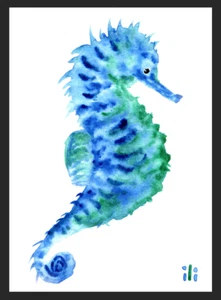 ACEO Watercolor Print Cute Blue Seahorse Fine Art Painting - Picture 1 of 2