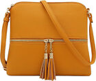 Crossbody Bag  Zipper Tassels Lightweight Medium Size in Mustard LNC