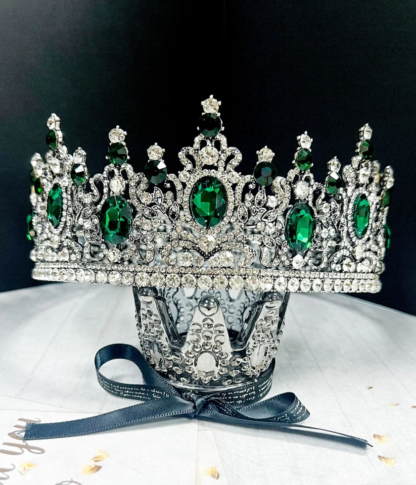 Royal King Crown, Green Crystal Crown, Silver Wedding Crown, Prom Crown, XL Size - Image 1 of 4