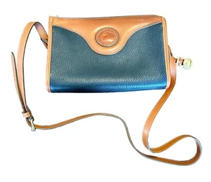 Vintage Dooney & Bourke Navy Blue & Tan Pebble Leather Crossbody 10.5" x 7" x 3" - Picture 1 of 18
