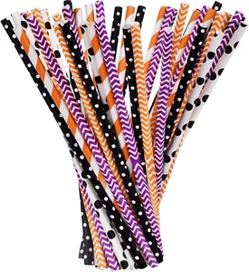 125 Pieces Halloween Paper Straws Decorative Drinking Straws with Stripe, Wave,  - Picture 1 of 8