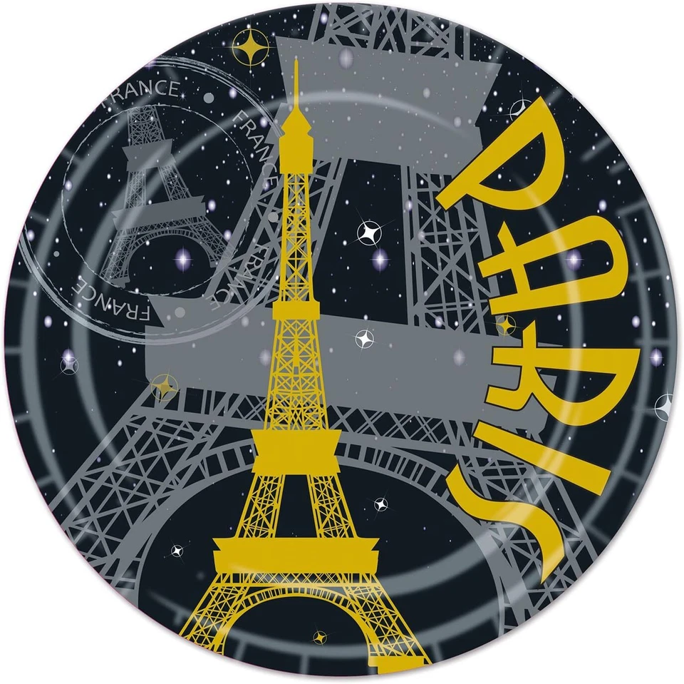 Black & Gold Paris Eiffel Tower French Theme Birthday Party 7" Dessert Plates - Image 1 of 1