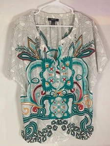 Style & Co. Women's White Teal & Turquoise Short Sleeve Blouse Size Lg - Picture 1 of 5