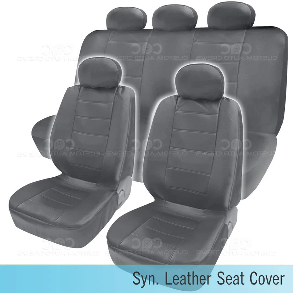 PU Synthetic Leather Gray Seat Cover Car Genuine Leather Feel Front & Rear Set - Image 1 of 4