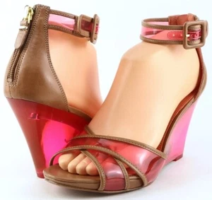 $198 VIA SPIGA BIANA Pink Multi Leather Designer Wedge Sandals Heels 7 - Picture 1 of 4