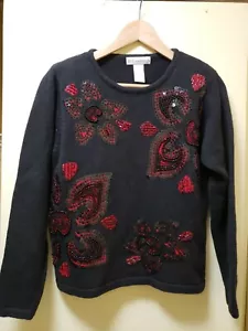 Maglione Natale Abito Donna Fienile Piccolo Nero Rosso Perline Paillettes Floreale - Foto 1 di 7