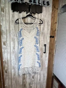 Buttons Size L White Blue Lace Dress Bridal Shower Bride - Picture 1 of 8