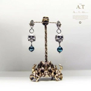 TYVODAR Designer / Dark blue pearl / skull heads  / silver earrings  - Picture 1 of 5