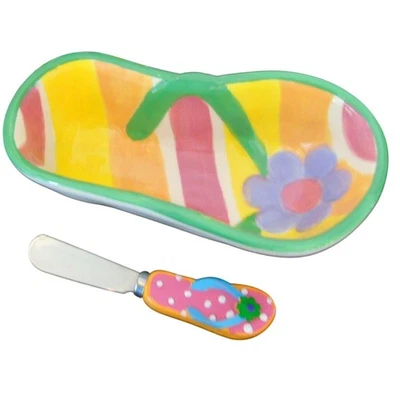 Boston Warehouse Dip Bowl Esparcidor Set Playa Luau Chanclas Forma Aperitivo Plato Foto 1 de 4