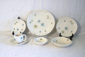 FRANCISCAN STARBURST ATOMIC MCM EARTHENWARE USA Cup Saucer Plates Bowls 7 Pc Set - Picture 1 of 10