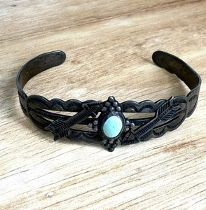 Vintage Southwestern IH Coin Silver Arrow Turquoise Cuff Bracelet - Picture 1 of 11