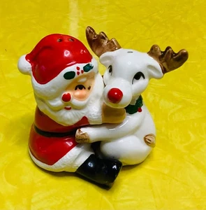 Vtg-FITZ/FLOYD-Japan-Christmas-Santa & Reindeer Rudolph Salt & Pepper Shakers - Picture 1 of 3