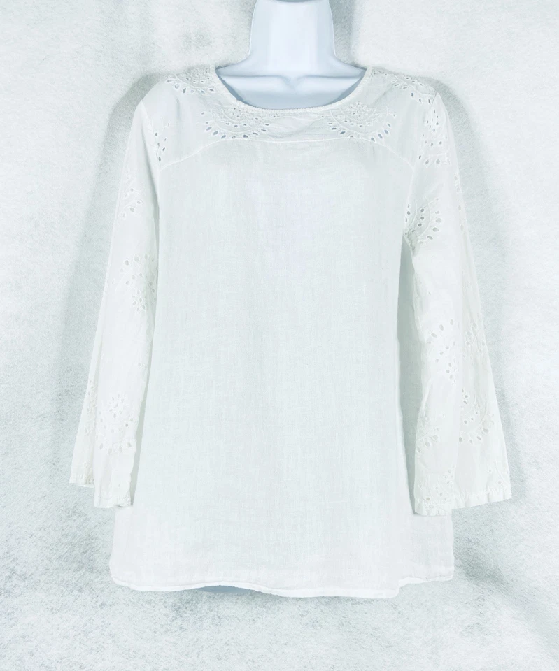 Francesca Bettini Top Women’s Large White Eyelet Long Sleeve Linen Cotton Blend - Image 1 of 4