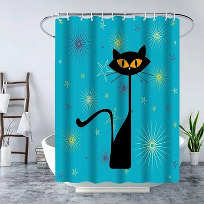 Mid Century Shower Curtain Black Cat Modern Abstract Geometric Vintage Aesthetic - Image 1 of 4