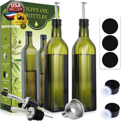 Glass Olive Oil Dispenser Bottle Set - 500Ml Dark Green Oil & Vinegar Cruet Bott - Image 1 of 4