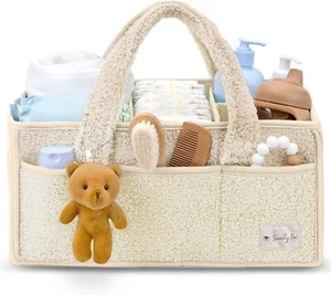 Baby Diaper Caddy Organizer Bag, Portable Soft Sherpa Nursery Basket, Ivory - Picture 1 of 8