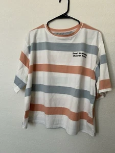 Camisa corta para mujer L Saturday Morning Pancakes a rayas Don’t Be Moody Shake - Imagen 1 de 4