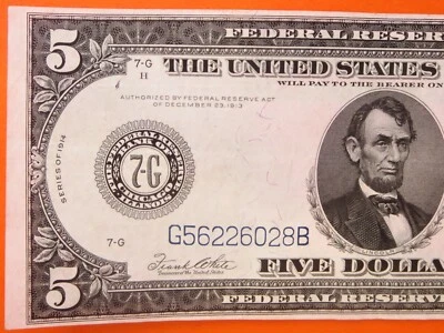 $5 1914 federal reserve note  7-G   27-085 - Image 1 of 3