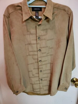 Camisa Claiborne Para Hombres Imitación Gamuza Tostada Abotonada Costuras Decorativas Talla M Foto 1 de 4