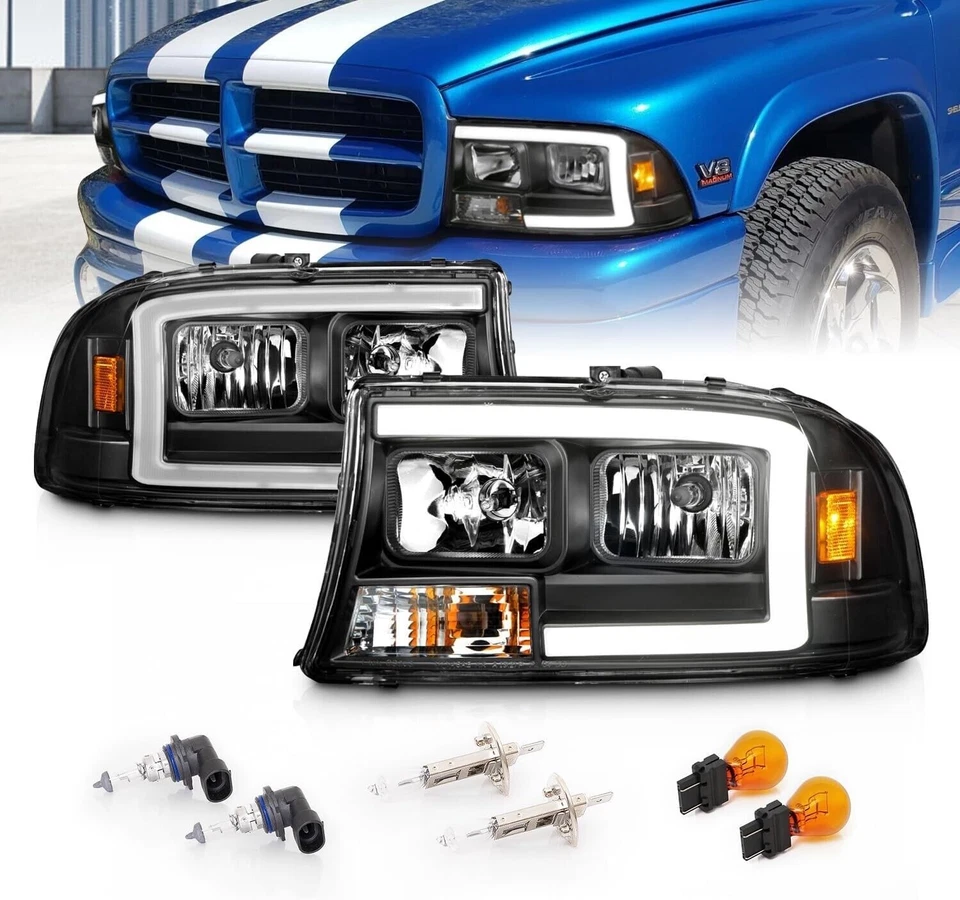 Fits 1997-2004 Dodge Dakota Durango Black LED C-Type LED Headlights LH+RH 2Pcs - Image 1 of 4