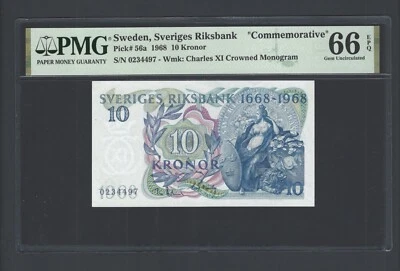 Sweden 10 Kronor 1968 P56a "Commemorative" Uncirculated Grade 66 - Image 1 of 2