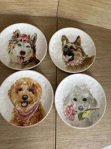 Pier 1 Dogs with Flowers Plates Dolomite 8" Luncheon Salad Set of 4 READ - Picture 1 of 11