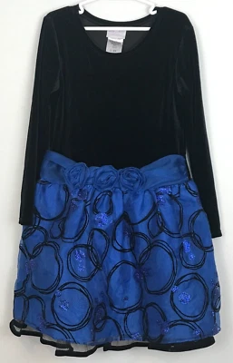 Iris & Ivy Girl 6X Party Dress Black Velour Long Sleeve Top Blue Skirt Crinoline - Image 1 of 4