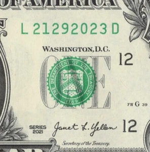 2023 Jahr Datum Schein Fancy Seriennummer One Dollar Schein L21292023D - Bild 1 von 12