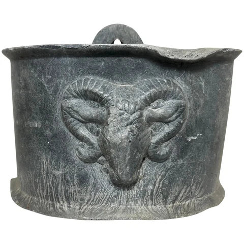 English 19th Century Architectural Rams Mask Head Lead Garden Wall Planter Cover