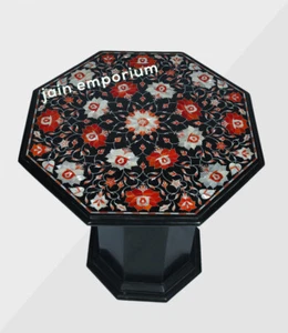 Mesa lateral de café de mármol negro de 18" incrustación de malaquita lapislázuli con soporte de mármol - Imagen 1 de 4