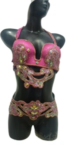 Ägyptischer Bauchtanz Kostüm BH Gürtel Set Profi Tanzen Rosa Golden Perlen - Bild 1 von 8