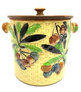 1930s Majolica Cookie Jar Fruit & Leaves Yellow Wood Lid Stamped Japan Vintage - Picture 1 of 4