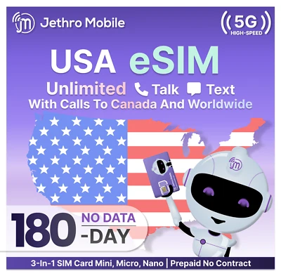 $7.50/mo Jethro Mobile eSIM Card Phone Plan Unlimited Talk & Text (6 Months) - Image 1 of 4