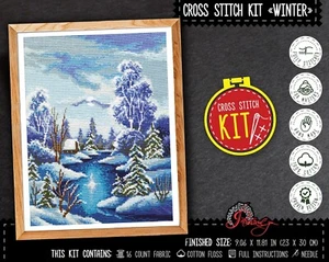 Winter cross stitch kit Village landscape Embroidery Kit with Counted Pattern - Picture 1 of 9