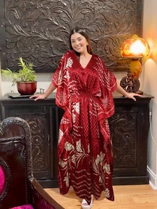 Maxi Kaftan For Women Scarlet Red Boho Hippie Gypsy Floral Caftan Dress L-2X - Picture 1 of 5