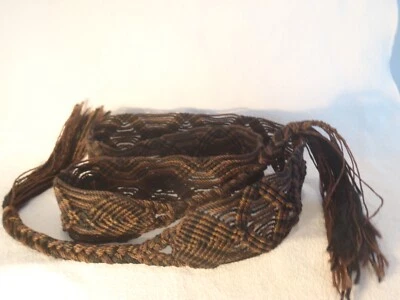 HANDMADE in MEXICO WOVEN MACRAME BELT BRAIDED FRINGE TIE ENDS BROWN BLACK - Изображение 1 из 4